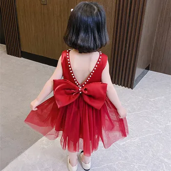 Chegada nova 2021 Verão, as Crianças de Meninas Vestido de Princesa coreana Grande laço Pérolas de Malha Vestido de baile Crianças, Roupas de Bebê Vestido Para 2-7Yrs