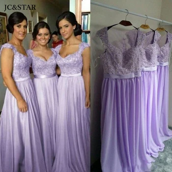 dama lilás robeschiffon V neck lace cap sleevesA Linha de elegantes vestidos elegantes para festas longo de hóspedes vestidos de noiva