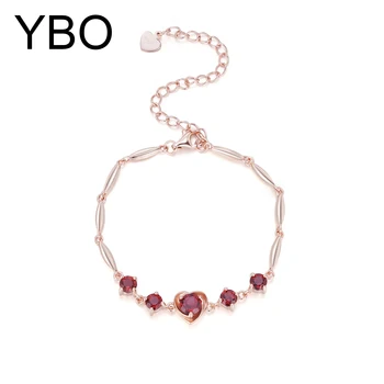 YBO Moda Coração Pulseiras Mulheres Natural Garnet Vermelho pedra preciosa Pulseira de Prata 925 Jóias de Luxo Casamento, Presentes de Natal