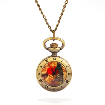 0 Grande de bronze de pimentão vermelho torre Romana escala relógio de bolso personalidade criativa retro dom de quartzo relógio de bolso, com colar