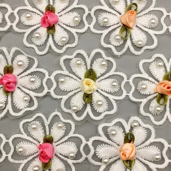 100pcs 3D Colorido Chiffon Flor de Rosa Bordado Guarnição do Laço de Fita de Tecido, Costura, Artesanato Para o Traje Vestido de Noiva Decoração