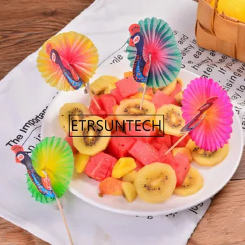100sets de 3D Multicolor Pavão Cupcake Topper Frutas Garfo Pega Crianças Bolo de Aniversário de Casamento Decoração de festas