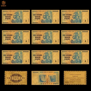 10pcs/lot Colorido Zimbábue 100 Trilhões de Ouro Dólar de Dinheiro, de Ouro Puro 999 Moeda de Papel de Notas de Coleções
