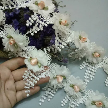 10X Branco de Paetês Fita de Ameixa Flores Pérola Borda do Laço Enfeites de Fitas de Renda Frisado Tecido Bordado de Costura do Vestido de Casamento
