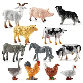 12PCS Mini Fazenda Figuras de Animais Alpaca Veado Urso Burro Gnus Modelo Animal Estatueta para Casa Decoração Brinquedos Ornamentos