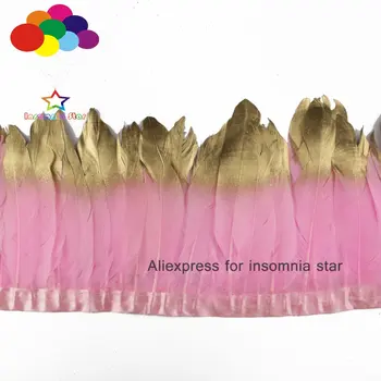 2 Medidor de luz rosa, cor de penas de Ganso franja tinta de ouro dicas de Penas Acabamentos com Fita de Cetim Fita centro de plumas faisan vista