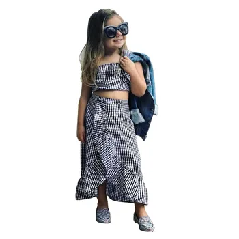 2018 moda verão para Crianças 's conjuntos sem mangas Strapless Curto Xadrez tops + irregular saias para as meninas Crianças Roupas 2Pcs