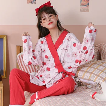 2021 Estilo Japonês Quimono Primavera, Outono NewCotton Senhoras Fina Camisola Mulheres Roupão de banho, Roupão de Casa desgaste Serviço de Pijama 2pieces