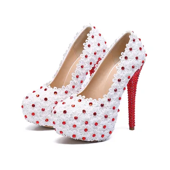 2021 primavera cabeça redonda branco do laço nupcial casamento sapatos de flor de salto alto vermelho diamante banquete vestido tamanho grande sapatos femininos