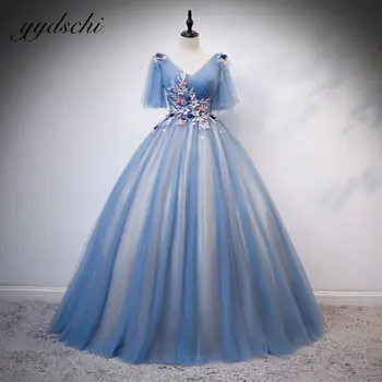 2022 Azul Com Decote Em V Vestidos De Baile De Tule Curto De Mangas Apliques Elegante Vestido Das Mulheres Para A Festa De Casamento Da Princesa Vestido De Noite