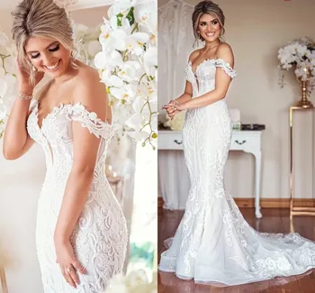 2022 Sexy árabe Aso Ebi Vestidos de Noiva de Luxo Fora do Ombro Rendas Grânulos de Sereia Vestidos de Noiva Vestidos De Noiva
