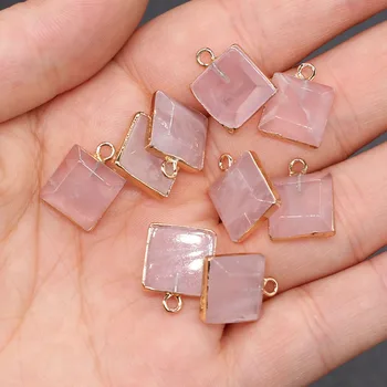 2pcs de Pedra Natural de Cristal Encantos Praça Rosa Quartzs Pingentes para Fazer Jóias Miçangas DIY Pulseira, Colar de Tamanho 12x16mm