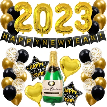 37pcs Garrafa de Champagne o Cálice de Balões Folha De 2023 Feliz Ano Novo Festa de Véspera de Decorações para a Casa Coberta de Natal Feliz Natal