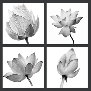 4 Peças Resumo Lotus Cartaz de Decoração de Casa de Flores em Preto e Branco Impressão de Lona de Arte Moderna de Imagem de Estilo de Vida para a Parede da Sala de Arte