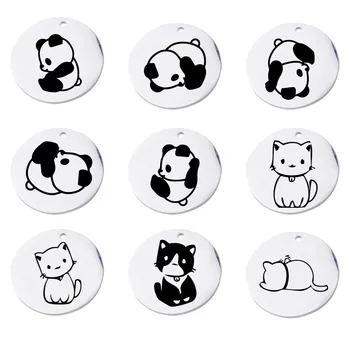 5Pcs/Monte Redonda de Aço Inoxidável Animais dos desenhos animados de Urso Panda Gato Encantos Pingente De Colar, Pulseira de DIY Fazer Jóias Acessórios