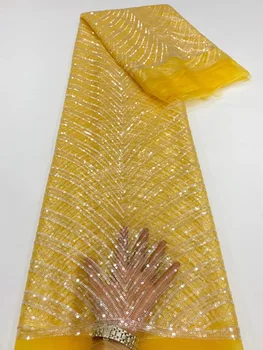 (5yards/pc) mais Recente Africano francês líquido do laço em tecido amarelo com cristal cor de paetês bordados para bling bling vestido FZZ134