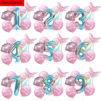 7pcs Sereia fontes do Partido Número da Folha de Balões de Ar 1 2 3 4 5 Feliz Festa de Aniversário, Decorações de Crianças do 1º chá de Bebê de Menina Globos