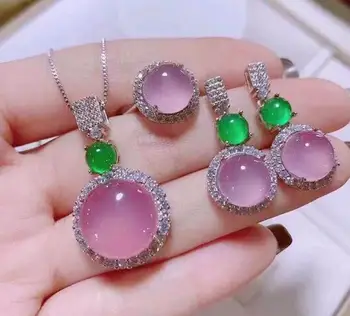 a jóia de Prata 925 natural embutidos, boas verde rosa branco Calcedônia, ágata jade Cristal de zircão brinco anel pingente conjunto