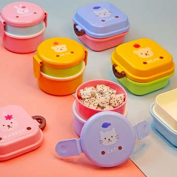 Animal bonito para Crianças, Snack-Caixa de Mini Caixa de Bento de camada Dupla, Caixa de Almoço Portátil do Bebê Fruto Caixa Aluno Caixa de Almoço