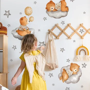 Avião de papel Urso Adesivo de Parede para Bebê Quartos de Meninos Crianças Quarto Animais Estrelas Nuvem de desenhos animados Decoração