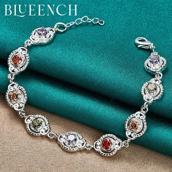 Blueench 925 Prata Esterlina Colorido Oval Zircão Bracelete para as Mulheres da Festa de Casamento de Moda Charme Jóias