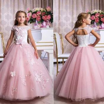 Branco e cor-de-Rosa Vestidos da Menina de Flor Com Borboleta 3D Apliques de Renda de Casamento da Princesa Bonito Comunhão Vestidos Concurso