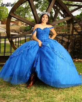 Cara&Alan Azul Elegante Vestidos de Quinceanera Floral Applique Sweet 16 Florais, vestidos de 15 anos Mexicano Meninas XV Vestidos de Baile