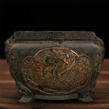 Cobre antigo Dragão & Phoenix Queimador de Incenso estátua,esculpida à Mão de artesanato,Decoração,Coleção&Adorno