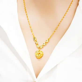 Coração em Forma de 24k de Ouro amarelo Chapeado Pingente de Colar para mulheres de Luxo Oco Clavícula Cadeia de Fade Livre Aniversário de Casamento, Presentes