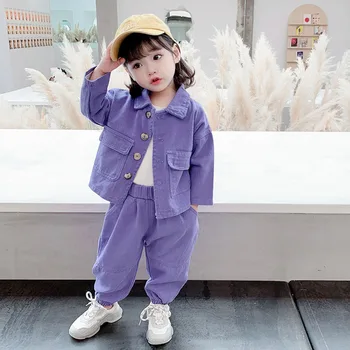 Crianças Crianças Conjuntos de Roupas de Bebê Meninas de Manga Longa de Cor Sólida Coats+Calças 2Pcs Crianças coreano Casual Solta Jaquetas, Ternos 1-6Y