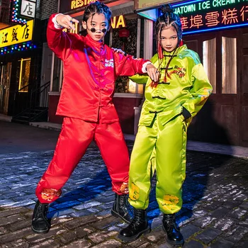 Crianças De Streetwear Hip Hop Menino Menina Chinesa Padrão De Ternos Conjuntos De Crianças De Moda Solta Causal Jaqueta Calça Desempenho Do Traje