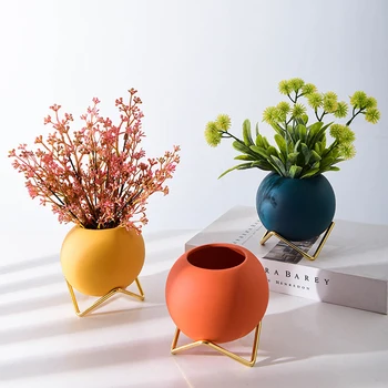 Criativo Rodada Pote De Cerâmica Com Ferro Forjado Suculenta Potes Varanda Decorações De Ambiente De Trabalho De Decoração De Mini Planta De Vaso Jardim