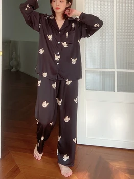 CRLAYDK de Novo no Cão Impresso em Preto Pijama Conjunto de Mulheres de Manga Longa Pijamas Botão para Baixo da Roupa de Duas peças Pjs Macio Loungewear