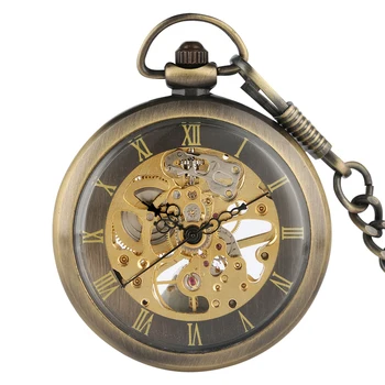 De Bronze, De Rosto Aberto Manual Mecânica Relógio De Bolso De Homens Romanos Esqueleto De Moda Vintage Pingente Mão-Vento Bolso Relógio