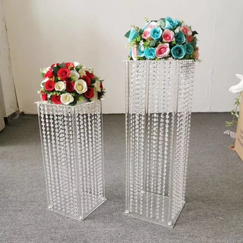 Decoração de casamento em acrílico transparente stand de flores vaso de vidro coluna estante rack pilar com pingentes de acrílico para decoração de casamentos