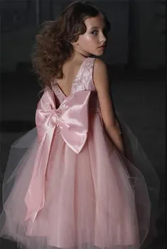 Doce cor-de-Rosa Lace Concurso de Vestido para a Garota Andar de Comprimento de Arco, Nó Tanque Apliques de Crianças Lactentes Vestido da Menina de Flor para Casamentos