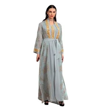 Dubai, Marrocos Abaya Conjunto de Vestido para as Mulheres Muçulmanas Festa Noite Manto Luruxy de Cetim Bordado de Flores 2 Peças de Roupa Eid 2022 Novo