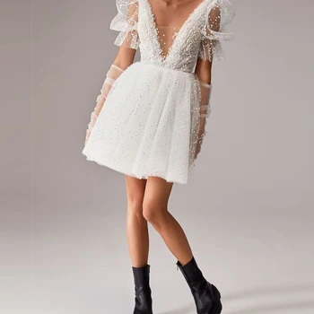 Eu OD Super Sexy Mini Vestido de Noiva Curto 2023 Elegante de Fadas Puff Mangas com decote em V sem encosto de Cetim Vestido De Noiva Zíper personalizado