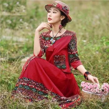 Feriado nacional o estilo de duas peças de roupa feminina nova de algodão e cânhamo superior de malha de borla saia de terno vermelho na primavera Outono jaqueta+saia