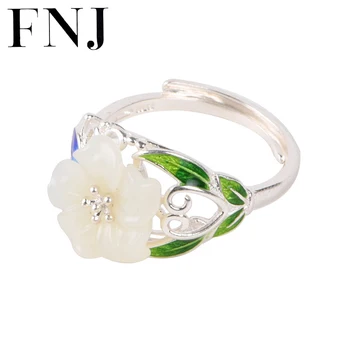 FNJ Cloisonne Flor Anel de Prata 925 Novo Original S925 de Anéis de Prata Esterlina para as Mulheres, Jóias Ajustável tamanho Natural Jade
