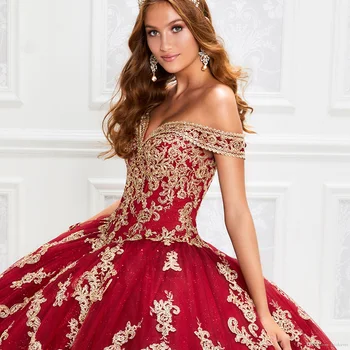 GY 2021 Vermelho Lindo Com Vestidos de Ouro Appliqued Lantejoulas Lace Vestido de baile Vestido de Baile 16 Vestido Vestido De Festa Doce