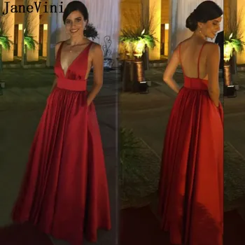 JaneVini Borgonha Vestido De Noite 2020 Sexy Decote Em V Elegante De Cetim Sem Encosto Vestido De Baile, Vestidos De Longas Abiye Mulheres Vestido De Festa Formal