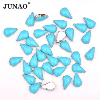 JUNAO 8*13mm Aqua Azul de Costura Garra de Gotas de cristal de rocha em Prata de Cristal Strass Applique Flatback Costurado Pedras para Vestido
