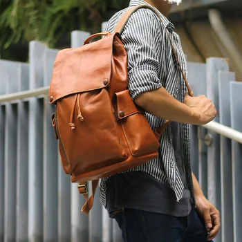 Moda retrô natural de alta qualidade em couro genuíno aluno da escola saco exterior de viagens homens de grande capacidade mochila laptop bagpack