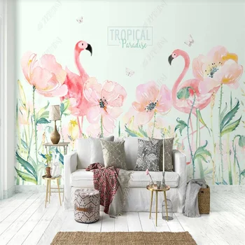 Nordic Flores Flamingo papel de Parede Personalizado Sala de estar Decoração Mural 3D Papel de Parede Quarto Decoração de Papéis de parede Papel De Parede