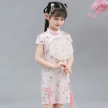 Novo Bebê Menina Qipao Vestido Chinês Miúdos Cheongsam Cor-De-Rosa/Verde Lattice Vestidos De Princesa Vestido De Roupas