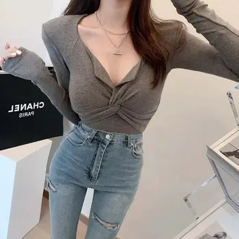 Novo Coreano Moda, Mulher De Roupa Bonito Blusas 2022 Primavera Sexy Superior Mujer Cruz Metade Abrir O Colarinho De Manga Comprida T-Shirts Slim Basic