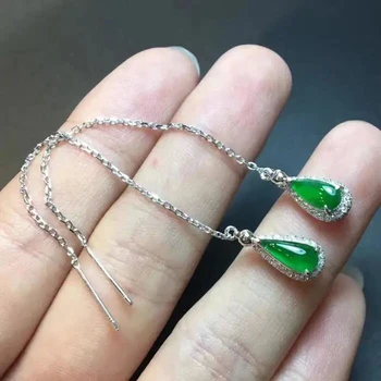 Novo Design de Prata Incrustada Total de Diamante Natural Chrysoprase Gotas de Água Longa das Mulheres Brincos de Estilo Chinês, Jóias Requintadas