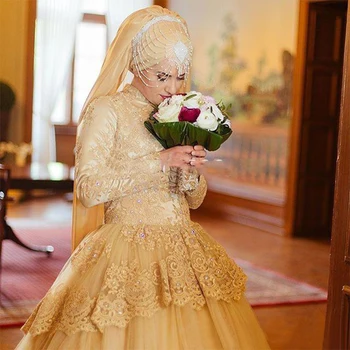 Ouro Laço Miçangas oriente médio Noiva Bola Vestidos de Manga Longa Muçulmano vestido de casamento turco Tradicional Gelinlik Com Hijab Vestido Noiva