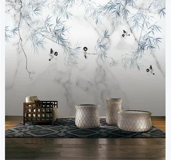 Papel de parede personalizado mural de parede decorativos novo Chinês moderno mármore padrão de bambu, flor de aves de fundo de parede